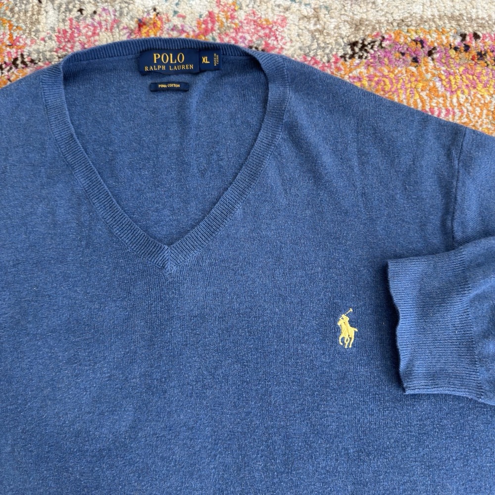 Polo Ralph Lauren Mens Pima Cotton V-Neck Sweater Blue XL Yellow Pony Logo